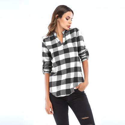 LOVECCR Pass autumn women's clothing new plaid shirt women's long-sleeved Popular trade 2025 small V-neck shirt slim top women's wholesale