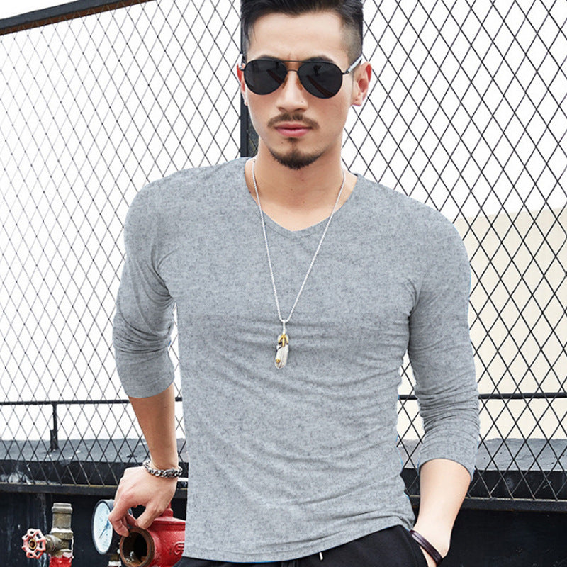 Men's Long-Sleeved Solid Color T-shirt V-neck T-shirt Solid Color Men's Long-Sleeved T-shirt Spring and Autumn Leisure Bottoming Shirt One Piece Dropshipping