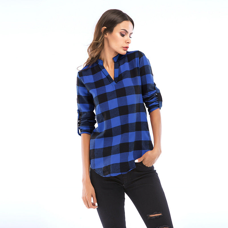 LOVECCR Pass autumn women's clothing new plaid shirt women's long-sleeved Popular trade 2025 small V-neck shirt slim top women's wholesale