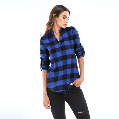 LOVECCR Pass autumn women's clothing new plaid shirt women's long-sleeved Popular trade 2025 small V-neck shirt slim top women's wholesale