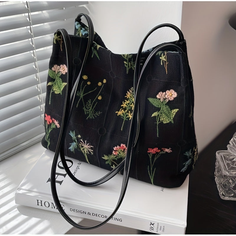 [Fast Arrival] Large Capacity Canvas Embroidered Commuter Tote Bag - Bucket Shoulder Bag for Daily Use