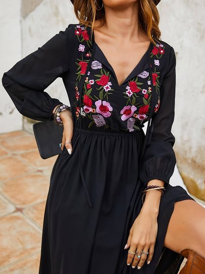 Feminine Floral Embroidered V Neck Dress - Long Sleeve Chiffon Midi for Women - Tied Detail, Flowy & Casual Style