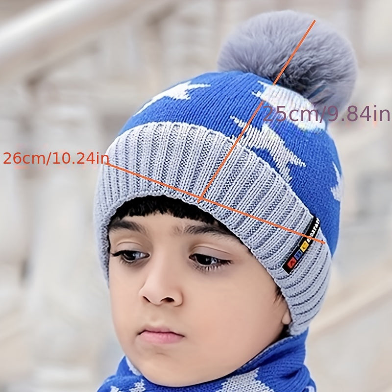 Kids Winter Hat and Scarf Set with Ear Protection, Knit Polyester Fitted Beanie Cap with Pom-Pom and Matching Striped Neck Warmer, Toggle Closure, Hand Wash, Christmas Occasion Themed, for Children Aged 3-14, Perfect for Daily Casual Wear in Fall/Winter