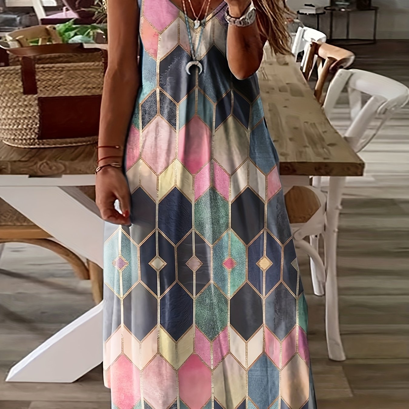 Plus Size Chic Geometric Print Cami Maxi Dress - Flattering Spaghetti Strap V Neckline for Women - Flowy, Casual, and Trendy Long Dress for Summer