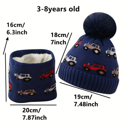 Festive Kids' Knit Hat and Scarf Set: 3-8 Years Old, 16cm/6.3inch Hat, 18cm/7inch Scarf, 19cm/7.48inch Hat, 20cm/7.87inch Scarf, Cartoon Car Pattern, Warm and Cozy, Suitable for Boys 3-14 Years Old