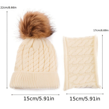 Kids Warm Cute Beanies Knit Hat Pom Pom And Matching Scarf 2pcs Set For Winter