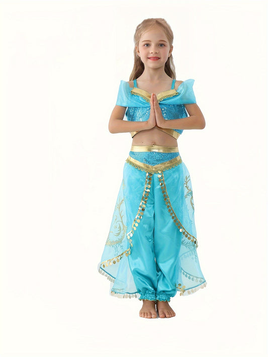 2-Piece Vibrant Cartoon Latin Princess Dress Up Set - Costumes for Girls with Mesh Sequin Cropped Top, Mesh Overlay Harem Pants, Perfect for Halloween Party, Dress-up, and Playtime