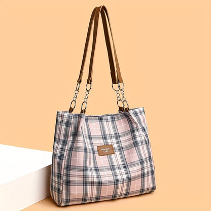 Large Capacity Chic Plaid Tote Bag - Versatile Shoulder Carryall, Perfect for Commuting & School, Stylish & Durable Everyday Accessory