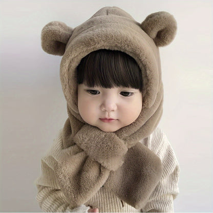 1pc Winter Baby Bear Ear Plush Hat And Scarf Integrated For Daily And Outdoor Cold Protection