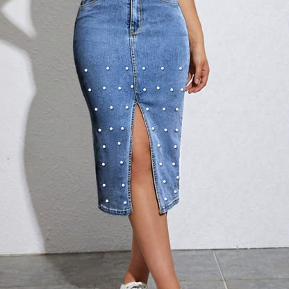 Knee-High Medium Stretch Denim Bodycon Midi Skirt with Pearl Embellishment - Street Style Stretchy Pencil Wrap Design, Machine Washable, Solid Color, Regular Fit - Perfect for Spring, Summer, and Fall Seasons