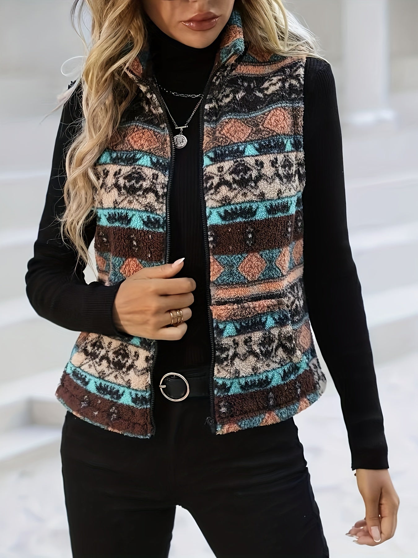 Vintage Chic Fuzzy Vest - Zipper Front, Sleeveless, Ethnic Pattern, Soft and Cozy Outwear for Fall and Winter - Women's Clothing, Perfect for Casual Daily Wear