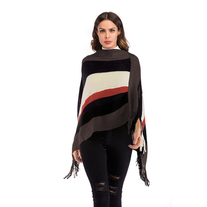 LOVECCR Contrasting color striped knitted sweater women's clothing popular new fashion versatile irregular fringed loose pullover shawl