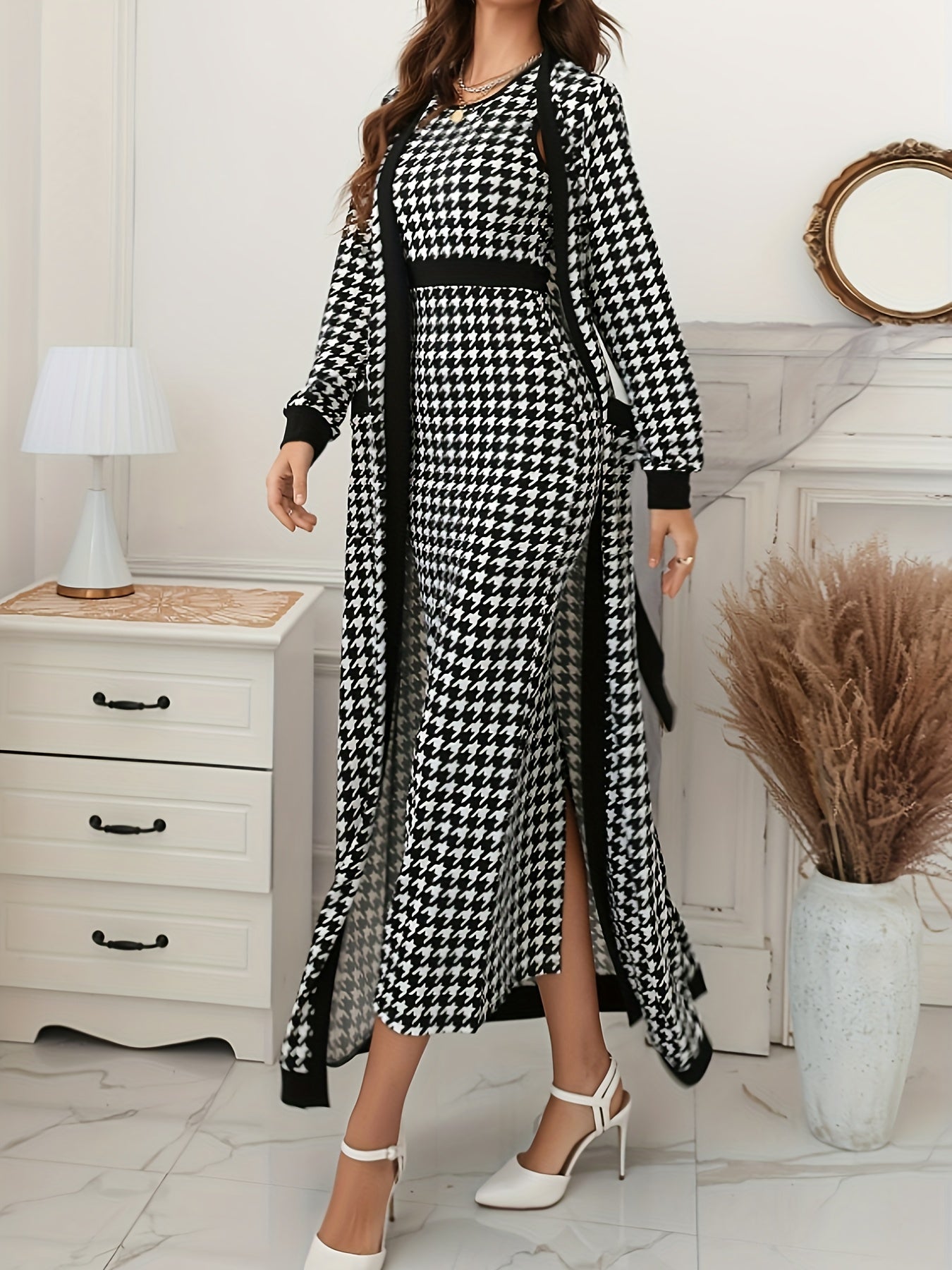 Elegant Houndstooth Pencil Dress Set, Long Sleeve Open Front Tie Waist Duster Cardigan & Bodycon Crew Neck Sleeveless Split Hem Tank Dress Outfits, Women's Clothing