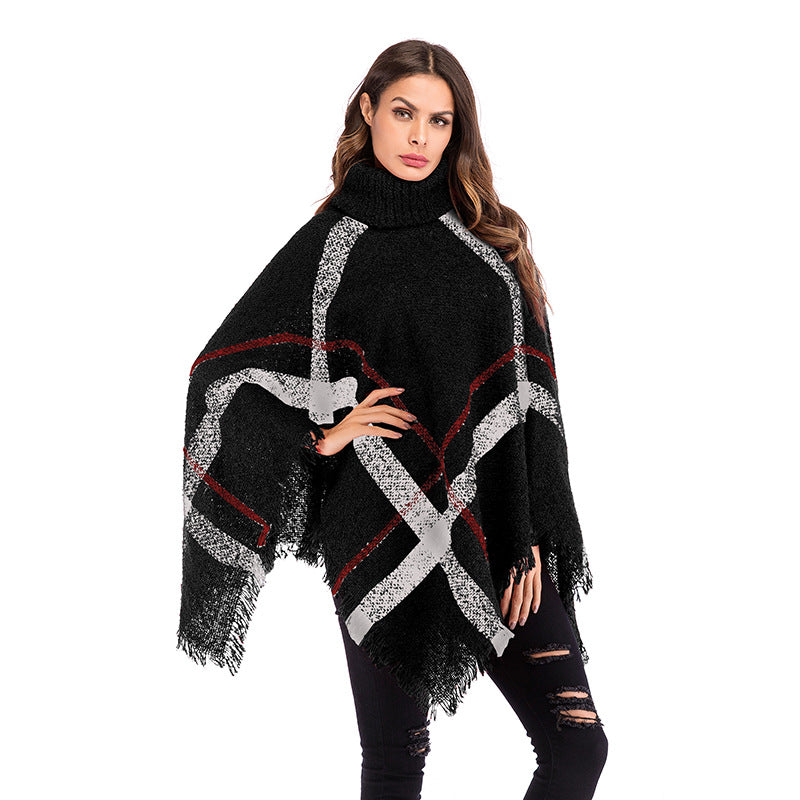 LOVECCR Autumn and winter irregular cape shawl women's Popular trade, 2025 new plaid fringed turtleneck pullover knitted sweater