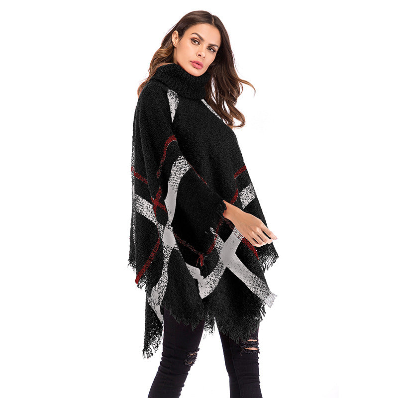 LOVECCR Autumn and winter irregular cape shawl women's Popular trade, 2025 new plaid fringed turtleneck pullover knitted sweater