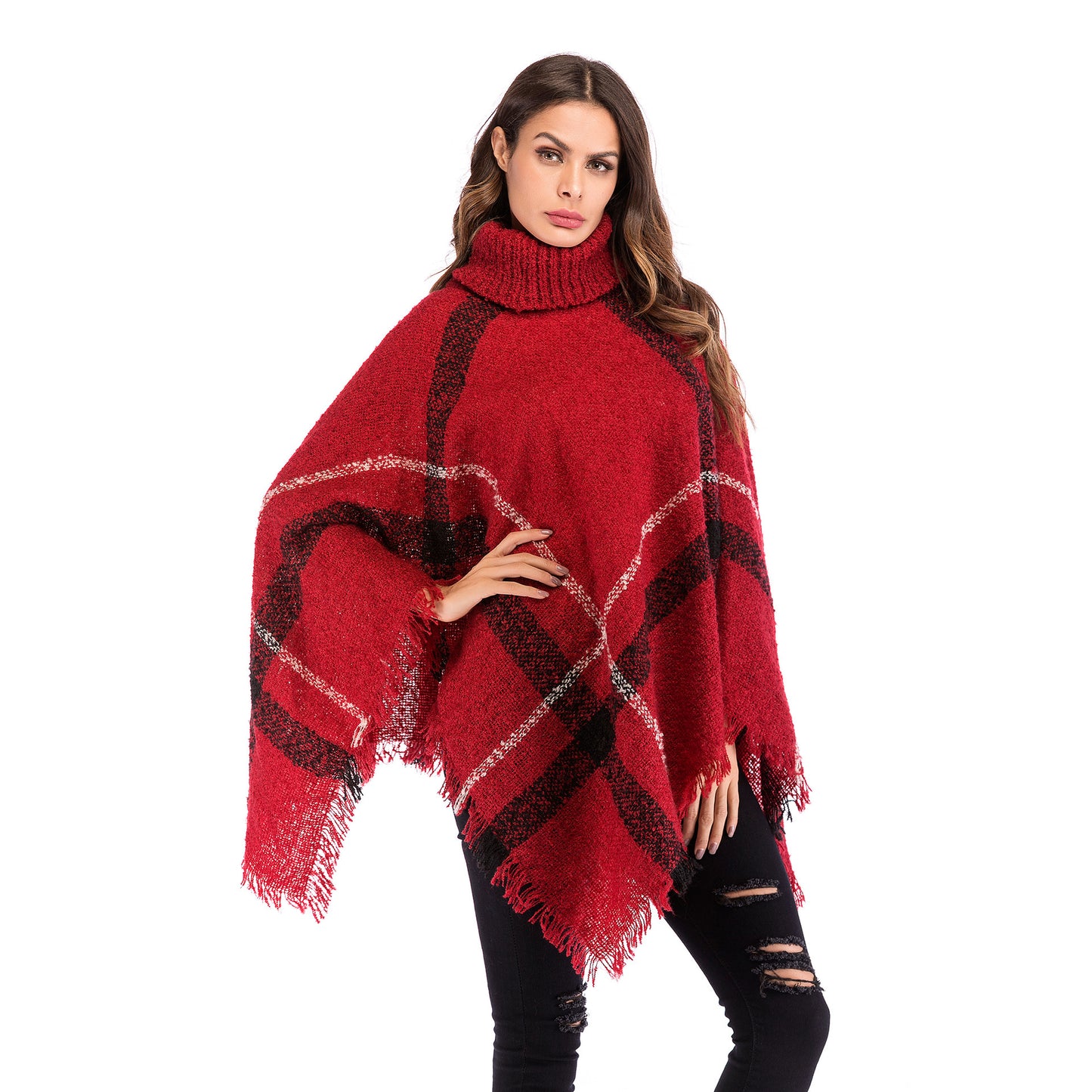 LOVECCR Autumn and winter irregular cape shawl women's Popular trade, 2025 new plaid fringed turtleneck pullover knitted sweater