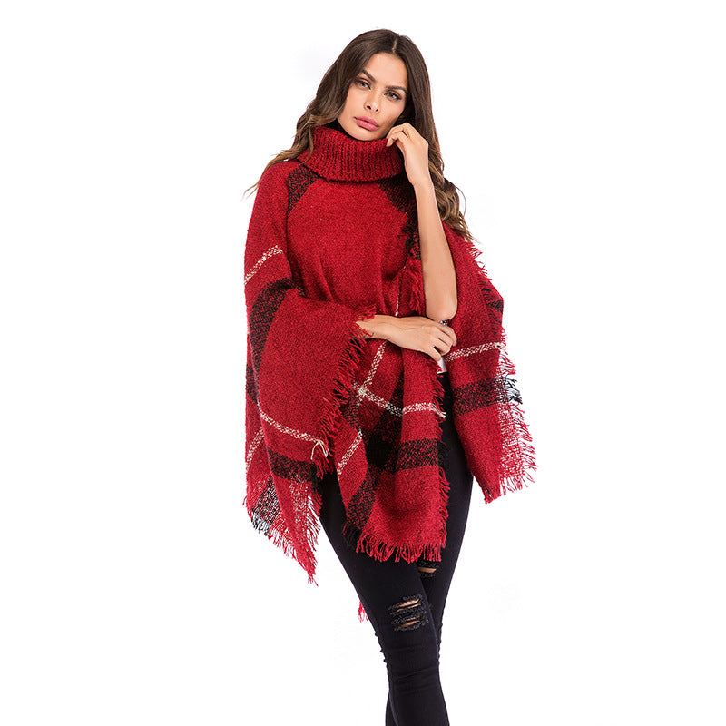 LOVECCR Autumn and winter irregular cape shawl women's Popular trade, 2025 new plaid fringed turtleneck pullover knitted sweater