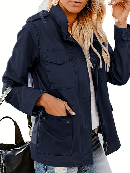 Womens Cozy Winter Jacket - Long Sleeve, Stand Collar, Warm Pockets, Zip & Button Closure, Casual Wear