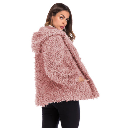 LOVECCR 2025  trade furry hooded jacket women's Hot autumn and winter new fashion long-sleeved loose thickened warm coat