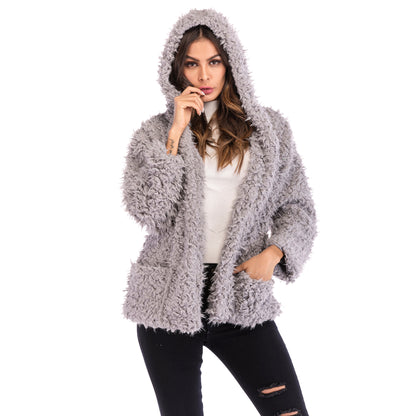 LOVECCR 2025  trade furry hooded jacket women's Hot autumn and winter new fashion long-sleeved loose thickened warm coat