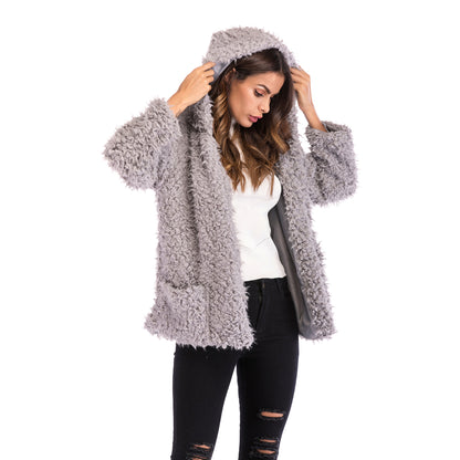 LOVECCR 2025  trade furry hooded jacket women's Hot autumn and winter new fashion long-sleeved loose thickened warm coat