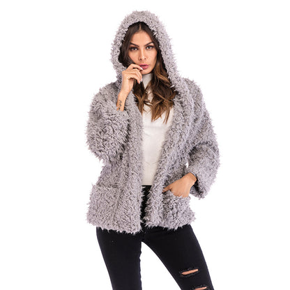 LOVECCR 2025  trade furry hooded jacket women's Hot autumn and winter new fashion long-sleeved loose thickened warm coat