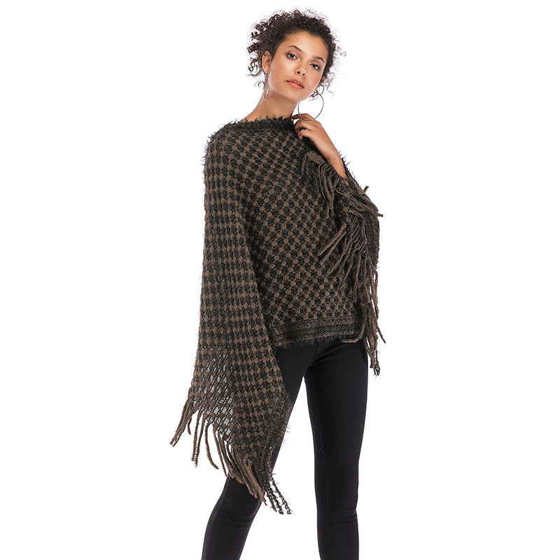 LOVECCR  2025 women's clothing cape jacket plaid knitted sweater loose lazy pullover fringed sweater shawl women's autumn and winter