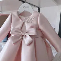 Pink Satin Flower Dresses For Wedding Appliqued Ball Gown Toddler Gowns Tulle Pearls Big Bow Bridesmaid Girl Pageant First Communion Dress 403