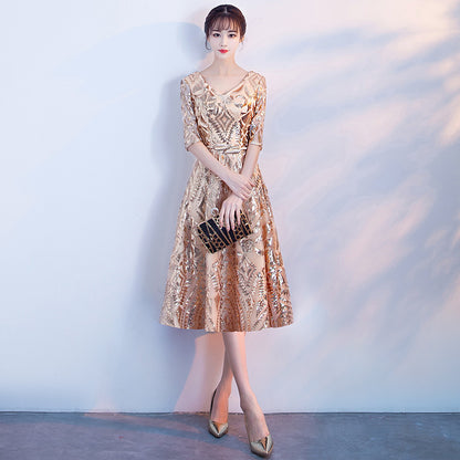 LOVECCR Banquet Evening Dress  New Summer Fashion Elegant Gold Sequined Catwalk Show Host Slimming Dress Women