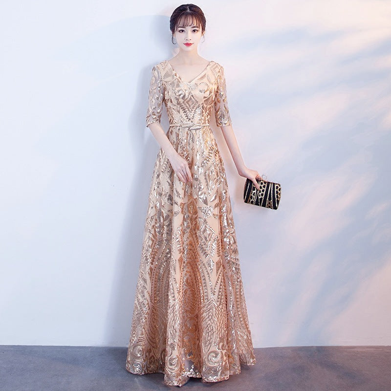 LOVECCR Banquet Evening Dress  New Summer Fashion Elegant Gold Sequined Catwalk Show Host Slimming Dress Women