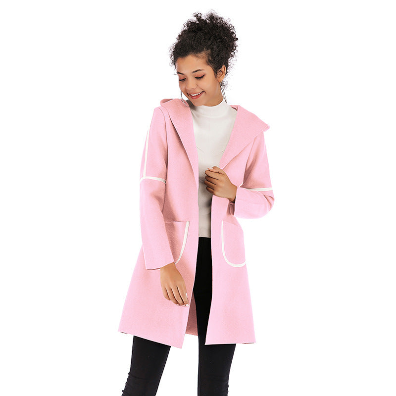 LOVECCR trade autumn and winter 2025 women's clothing medium and long hooded warm thickened woolen coat contrasting color cardigan jacket women