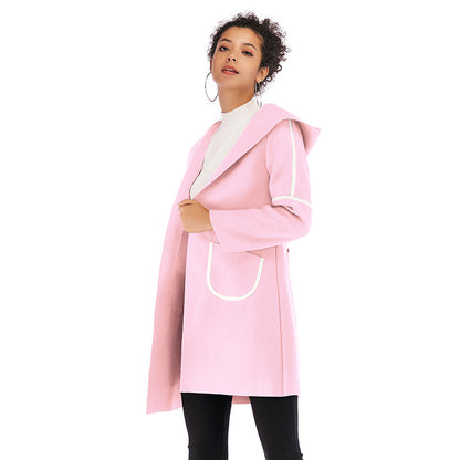 LOVECCR trade autumn and winter 2025 women's clothing medium and long hooded warm thickened woolen coat contrasting color cardigan jacket women