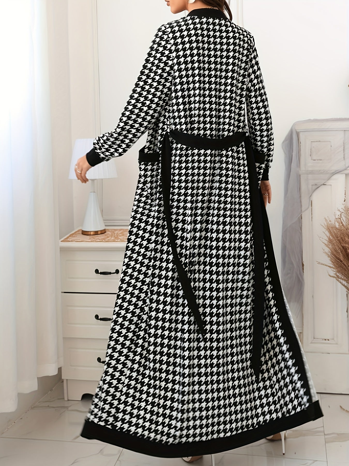 Elegant Houndstooth Pencil Dress Set, Long Sleeve Open Front Tie Waist Duster Cardigan & Bodycon Crew Neck Sleeveless Split Hem Tank Dress Outfits, Women's Clothing