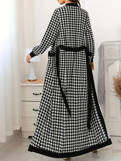 Elegant Houndstooth Pencil Dress Set, Long Sleeve Open Front Tie Waist Duster Cardigan & Bodycon Crew Neck Sleeveless Split Hem Tank Dress Outfits, Women's Clothing