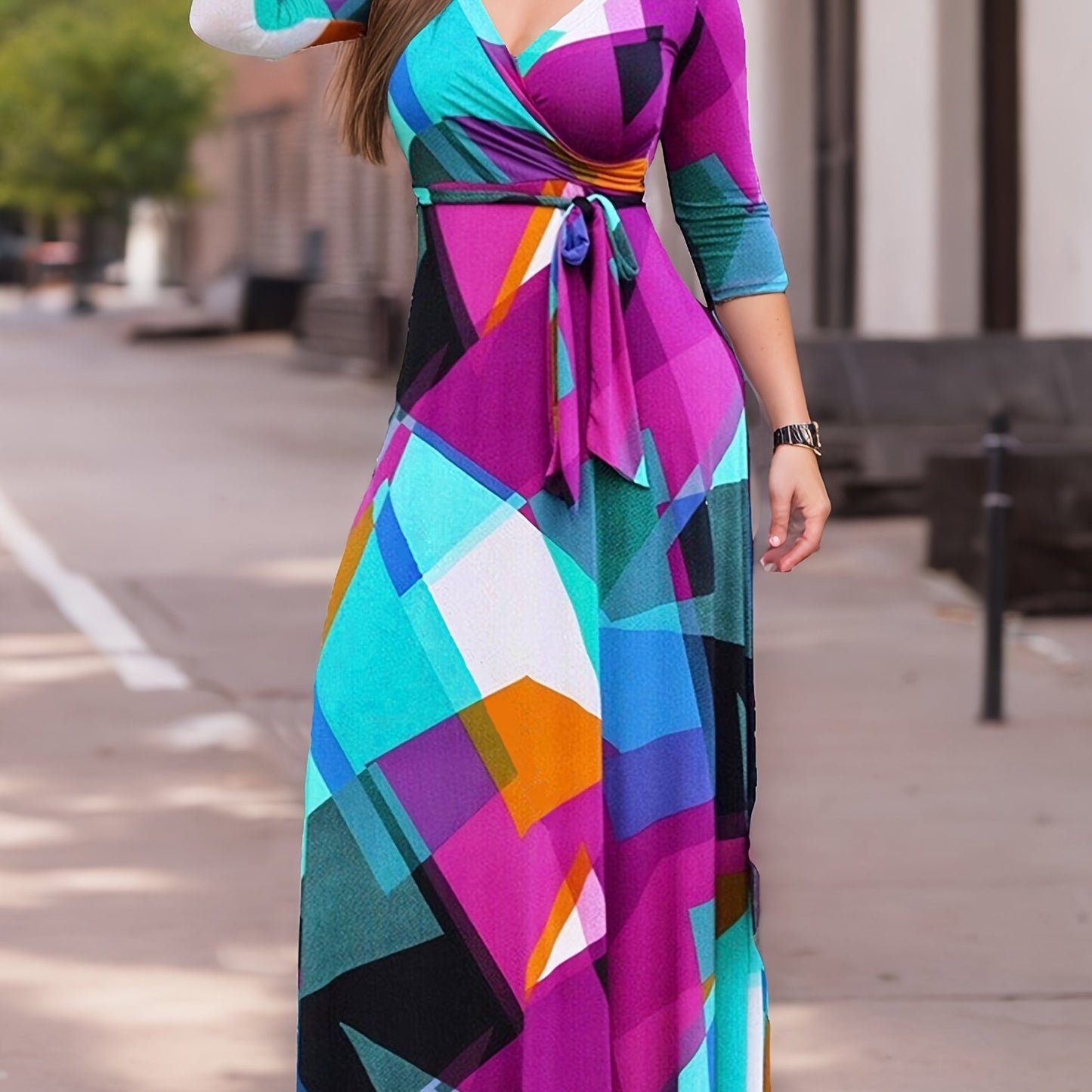 Charming Color Block Surplice Dress with Belt - Flattering Neckline & 3/4 Sleeves - Ideal for Spring to Summer - Womens Fashion Essential