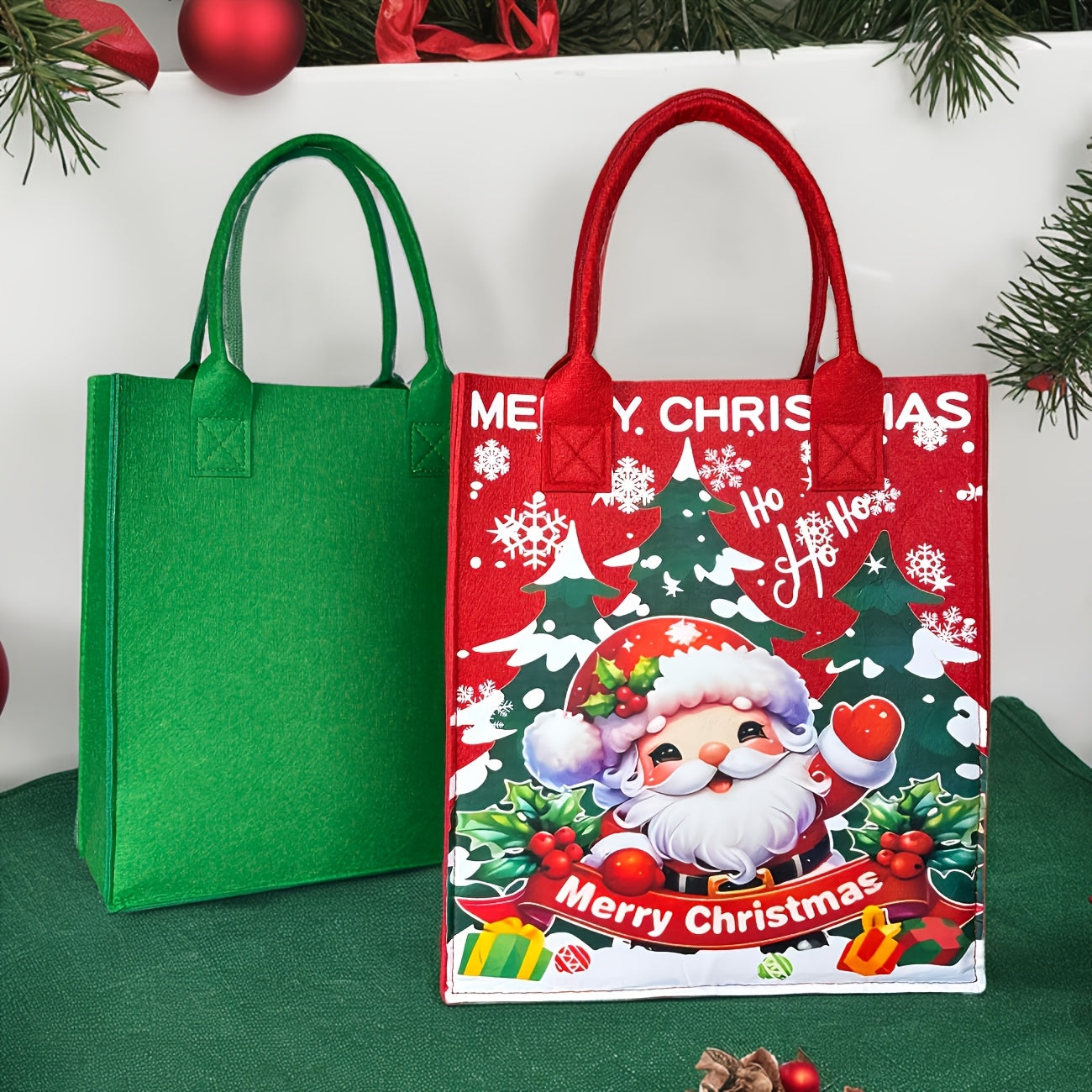 Christmas Felt Tote Handbag with Santa & Reindeer Applique - Minimalist Non-Woven Bag with Fixed Shoulder Straps and Buckle Closure - Baigou Unlined Festive Gift Carry Bag