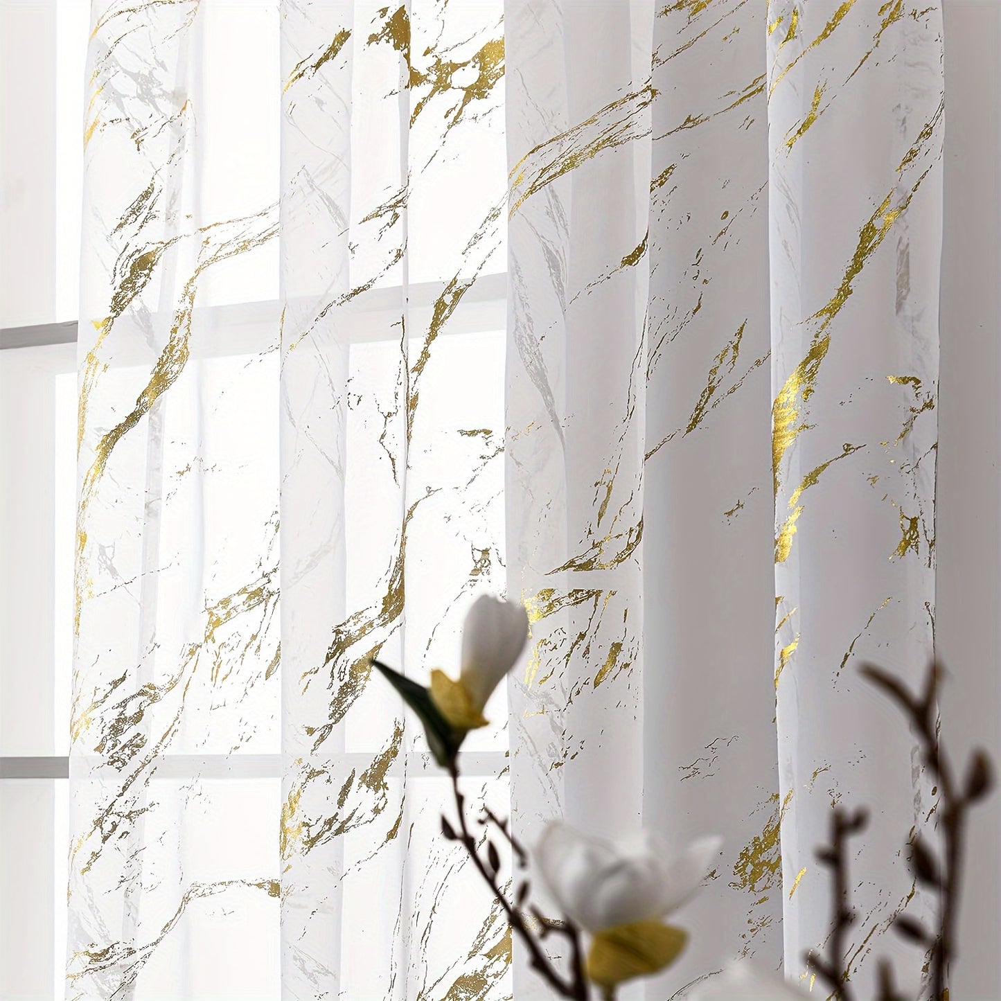 2pcs Golden Marble Printed Semi Blackout Sheer Curtains For Living Room & Bedroom Office Window Decoration Home Decor