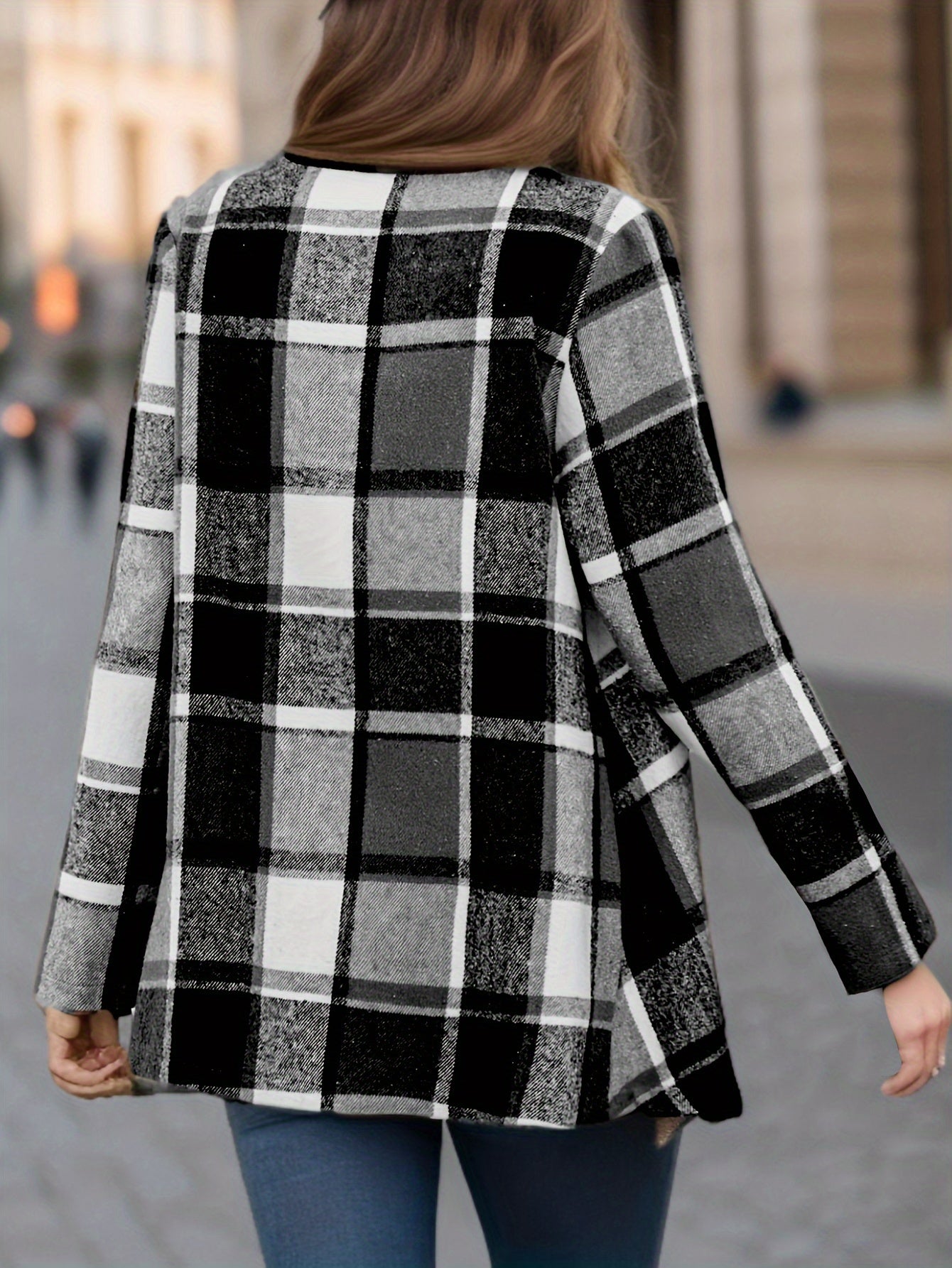 Plaid Print Open Front Coat, Elegant Long Sleeve Outwear For Spring & Fall, Women's Clothing