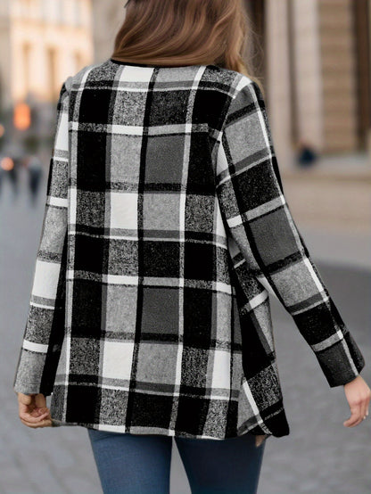 Plaid Print Open Front Coat, Elegant Long Sleeve Outwear For Spring & Fall, Women's Clothing