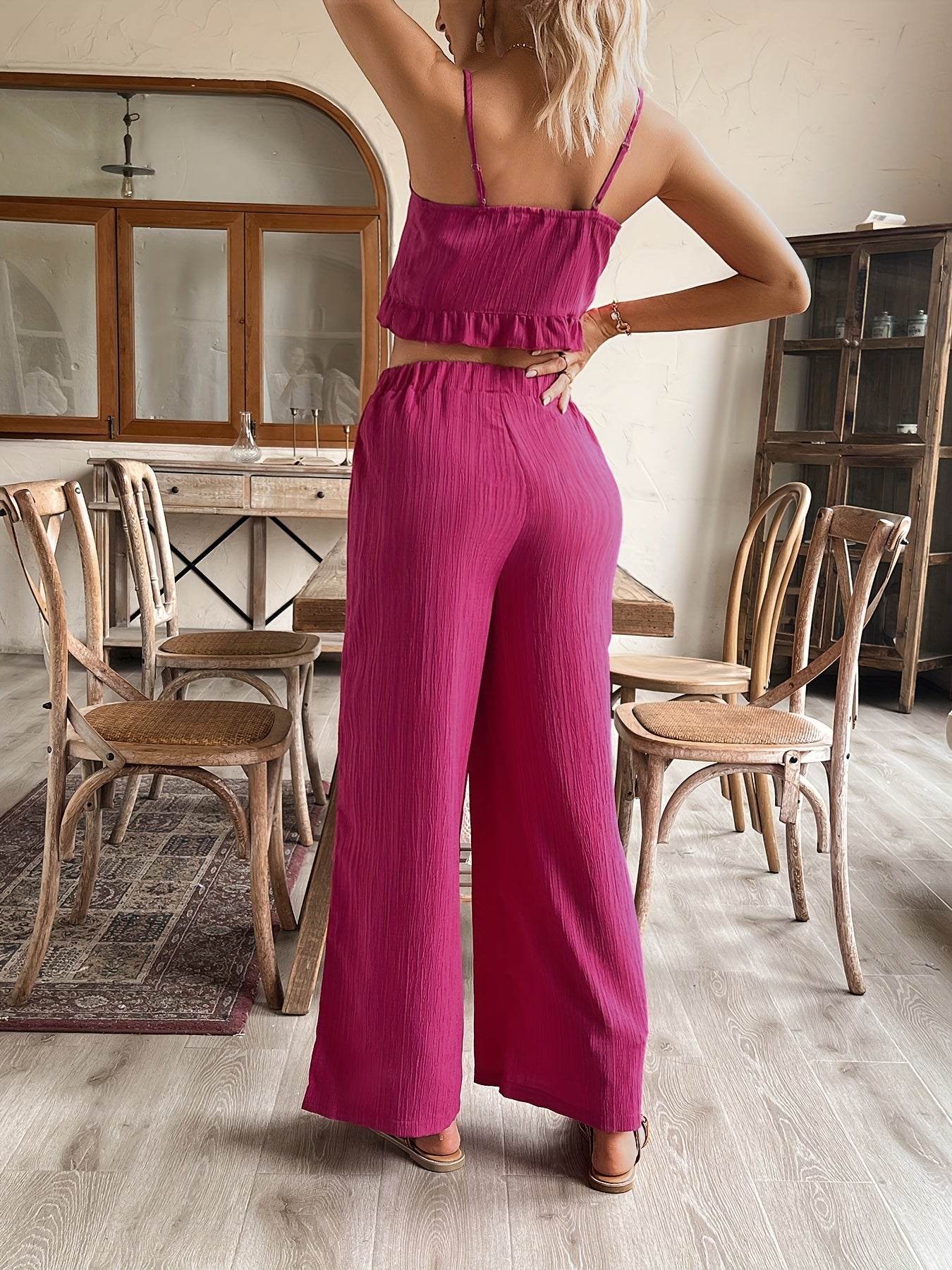 Chic Solid Color Two-Piece Set - Flattering Knotted Cami Top & Flowy Wide Leg Pants - Perfect Summer Outfit for Women - Versatile & Comfortable Wardrobe Staple