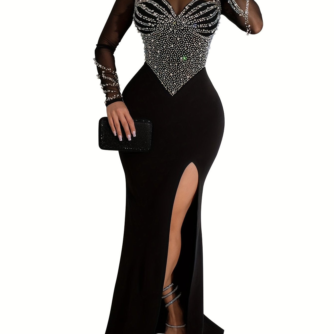 LOVECCR Long Sleeve Rhinestone Bodycon Dress - Dazzling Embellishments, Flattering Mock Slit, Elegant Mesh Splicing - Perfect for Womens Formal Events, Parties, and Banquets