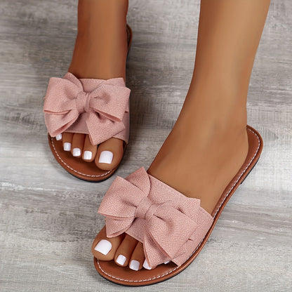 Breezy Summer Slide Flats - Stylish Bow Accent, Single Band Open Toe, Perfect for Indoor & Outdoor, Beach Vacation Ready, Comfortable & Lightweight Design