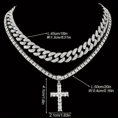 2pcs/Set Hip-hop Miami Cuban Chain Zircon Cross Necklace For Women Men Iced Out Rhinestone Rapper Punk Unisex Necklace Jewelry Gifts