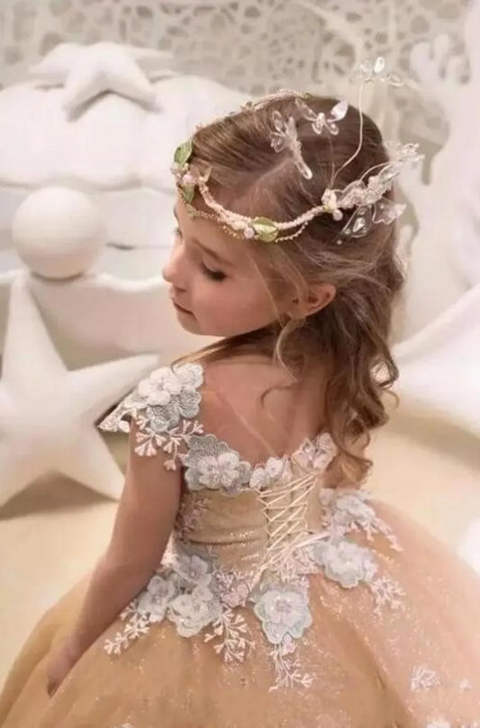 Gold Princess Girls Pageant Dresses Sheer Jewel Neck Cap Sleeve Appliques Beads Ruffles Long Flower Girl Dresses Custom Made Toddler Party Gowns BC0027