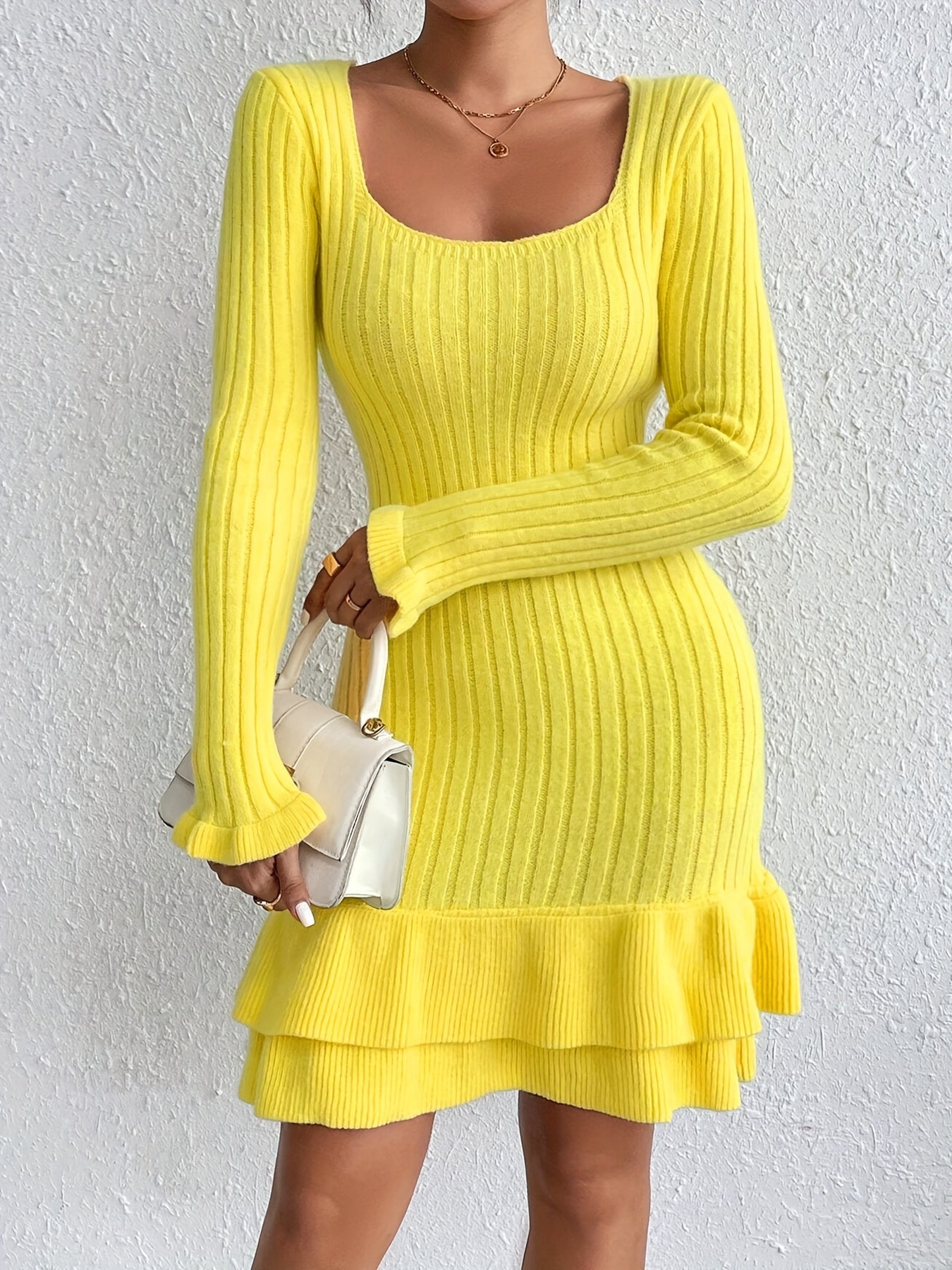 Stylish Ribbed Knit Bodycon Sweater Dress - Elegant Long Sleeve Square Neck, Ruffle Hem, Soft and Cozy, Women's Clothing for Winter, Autumn, and Casual Occasions