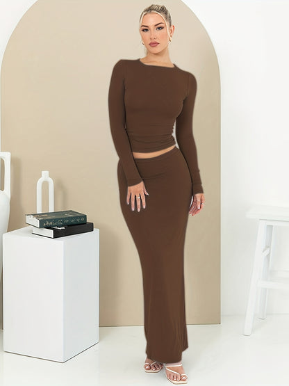 Chic Solid Crew Neck Long Sleeve Top & Slim Maxi Skirt Set - Womens Casual Two-Piece Outfit for Everyday Style and Comfort