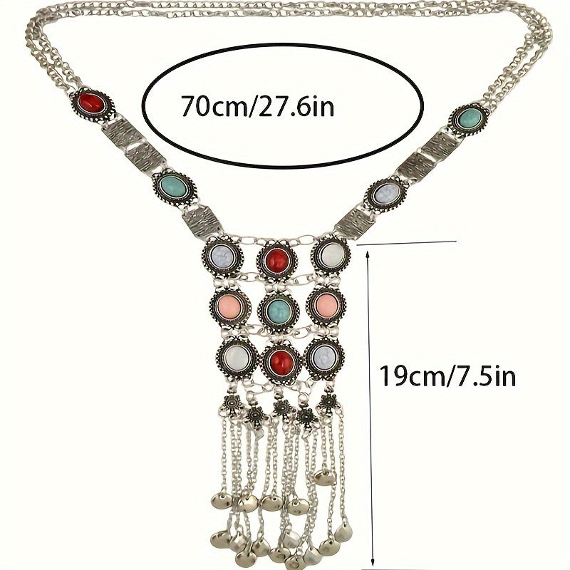 Fashionable Bohemian Tassel Necklace - Dramatic Turquoise Stone & Exaggerated Tassel Design - Long Ethnic Style Sweater Chain for Women - Perfect for Boho Enthusiasts