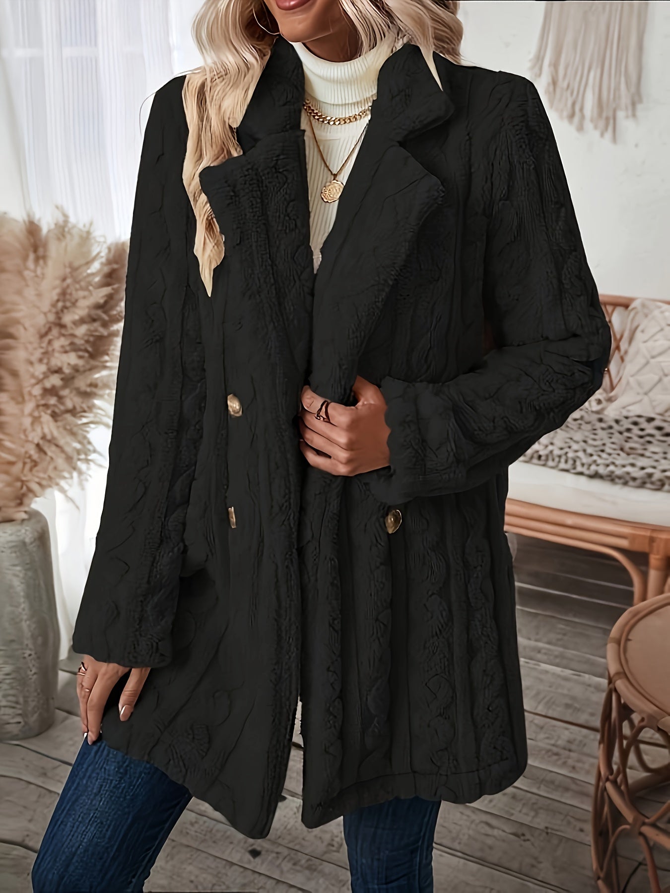 Long Sleeve Textured Thermal Double Breasted Lapel Teddy Coat - Soft Micro Elasticity Polyester Fabric, Versatile Winter Outerwear for Women - Hand Washable, Solid Color, Middle East Style, Fall/Winter Season, Knit Fabric