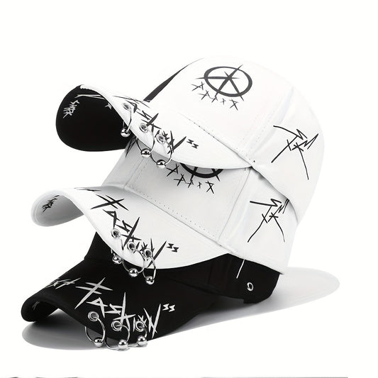 1pc Black And White Stitching Iron Ring Baseball Cap, Cool Versatile Hip-hop Plus Bead Cap