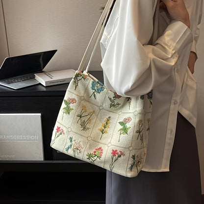 [Fast Arrival] Large Capacity Canvas Embroidered Commuter Tote Bag - Bucket Shoulder Bag for Daily Use